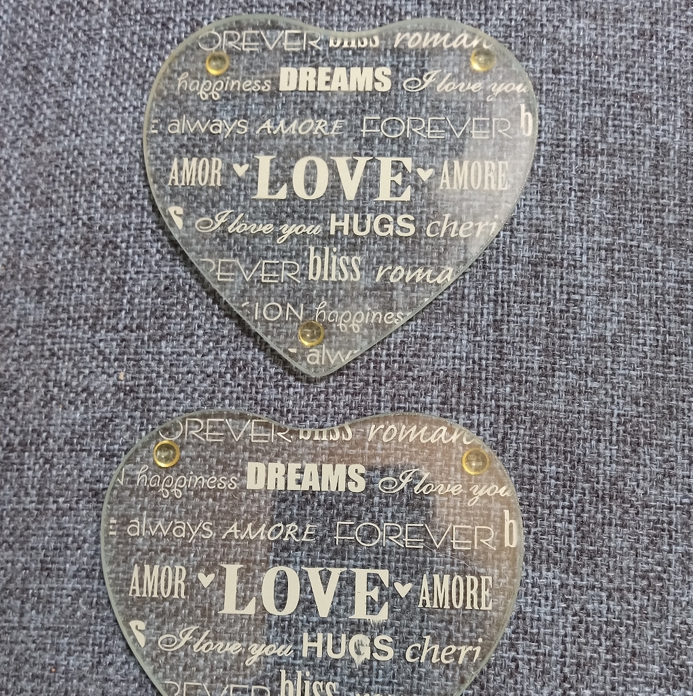 NEW.  HIS AND HER GLASS COASTERS WITH EXPRESSIONS - LOVE,  AMORE, HUGS,, FOREVER